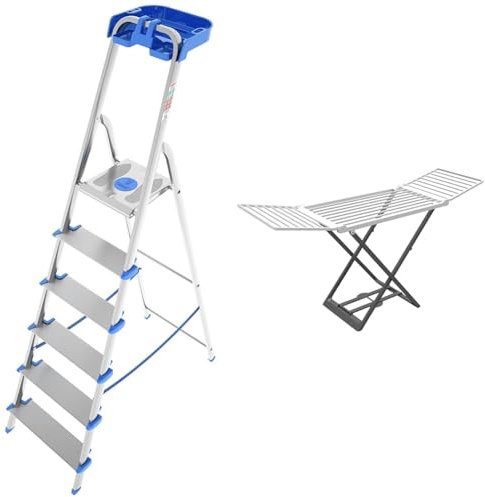 Scala ATLANTICA in alluminio con vaschetta portaoggetti 6 gradini XL & Marino Stendibiancheria in Resina, Colori Assortiti, Lunghezza di stenditura 20 Metri