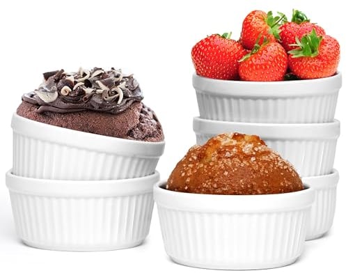 Nuwave Ceramic Ramekins 6oz Set of 6, Classic Elegant Style Ramekins for Baking Souffles, Creme Brulées, Custards, Puddings, Oven, Microwave & Dishwasher-Safe, Ivory White