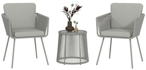 Outsunny Gartenmöbel-Set, 3-teilig, Kolonialstil, 2 Sessel mit Kissen, grau + Couchtisch, Kunstharz, kabelgebunden, Epoxidstahl, Grau
