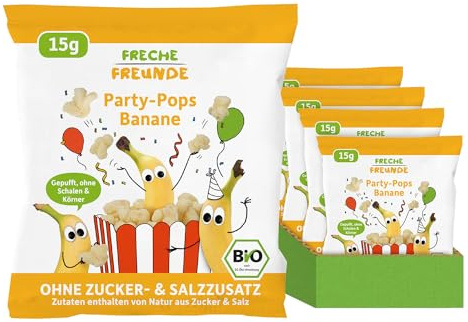FRECHE FREUNDE Bio Party-Pops Banane, Popcorn für Kinder, fruchtiger Party- & Geburtstags Snack für Kleinkinder ab 1 Jahr, ohne Zuckerzusatz, vegan, 8er Pack (8 x 15g)