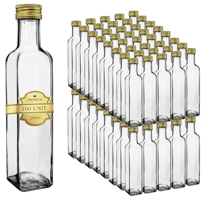 100 Botellas de vidrio de 250 ml con tapón de rosca dorado | Aceite de oliva, vinagre, alcohol | Aceitera de vidrio, botella de aceite | Regalos de boda