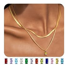 JeweBella 2PCS 14K Vergoldet Kette Damen Edelstahl Kette Gold Damen Schlangenkette Geburtsstein Anhänger Halskette für Frauen Mädchen Smaragd Ruby Geburtsstein Kette Set Geschichtet Goldkette Schmuck