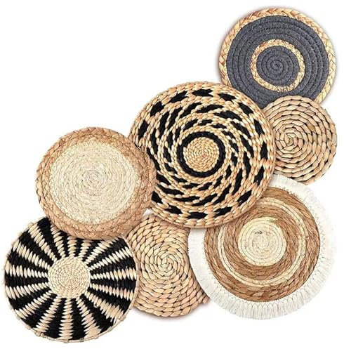 SWEETBIUTI Runde gewebte Wanddekoration 7pcs Rattan Blume Boho Dekor natürliche rustikale Rustikale Wandkorb Dekor Wandkunst für Schlafzimmer, Wohnzimmer, Badezimmer Wanddekoration