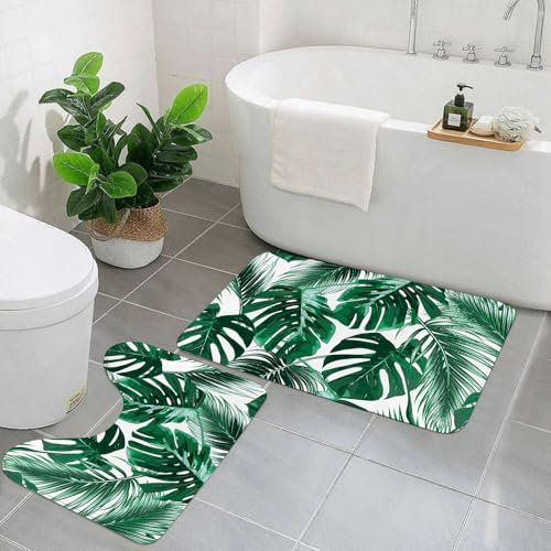 AELKSP 2 Piece Non Slip Bathroom Rugs Set,Luxury Thick Microfiber Shaggy Bath Mat Sets,Tropical leaves jungle palm leaf,Machine Washable Bathroom Mats Carpet