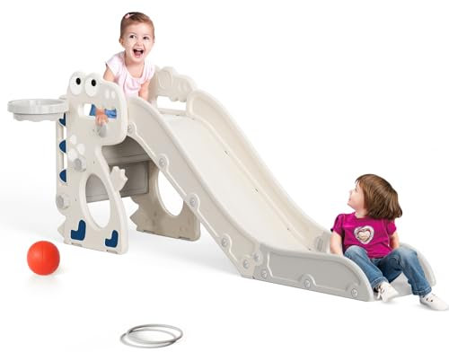 Toboggan pour Enfants, Toboggan Pliable 3 en 1, avec Panier de Basket, Basket-Ball, Lancer d'anneaux, pour Les 18 à 36 Mois, Toboggan Extra Long H650 x L330 x P1520 mm (Beige-Gris)