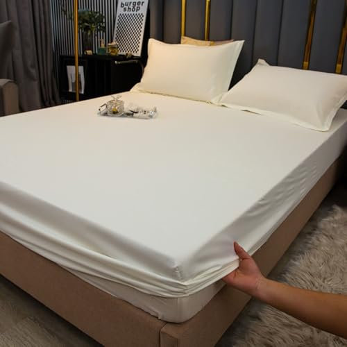 Bambusfaser Spannbetttuch 120x200cm mit 2 Stück Kissenbezug, Bettlaken Einfarbig Weiß Bettspanntuch Boxspringbett bis 20cm Hoch