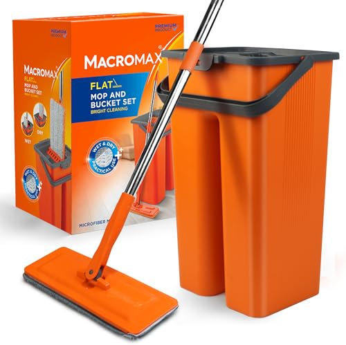 Macromax Flat Mop & Bucket Set, Aqua Revolution System with 8L Capacity, Wet & Dry Cleaning, Washable Microfibre Mop Heads & Replacements - 180° Swivel Handle, Perfect Mop for Cleaning Floors