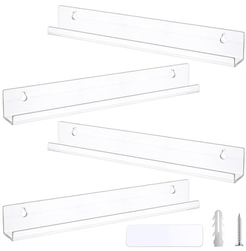 VEGCOO 4 Pack 15 Acrylic Wall Mounted Floating Shelf - Self-Adhesive Clear Display Ledge for Album Record, Kids Books, Pictures, Small Toys