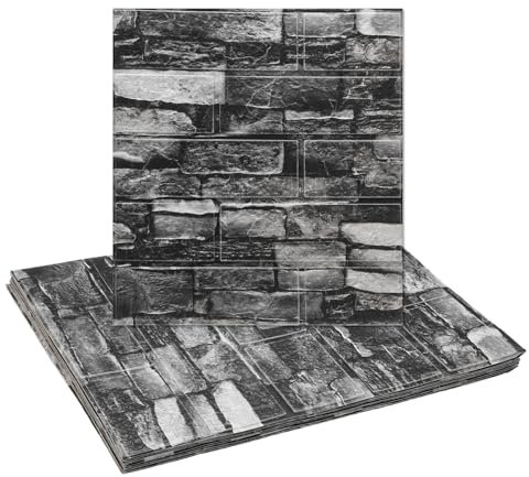 sourcing map 10pcs 3D Brick Effect Wall Panels 14.5 Sq Ft Coverage Peel and Stick Brick Wall Tile, 13.8x15.2 Waterproof Brick Design Wallpaper Backsplash, Rock Black