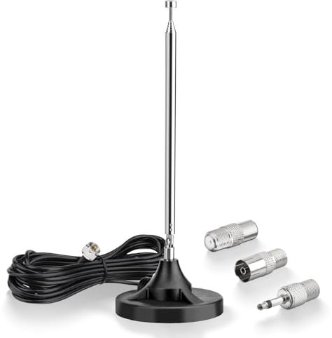 Eightwood FM Radio Antenna Magnetic Base Indoor FM Telescopic Antenna F Type Plug Connector with Adapter for Pioneer Onkyo Yamaha Marantz Bluetooth Home Theater Stereo Receiver HD Radio