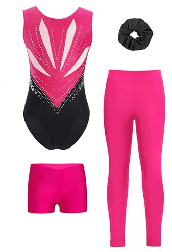 Miutii 4tlg.Mädchen Turnanzug Glitzer Gymnastikanzug mit Shorts Hose und Haargummi Ärmellos Ballettanzug Gymnastik Leotard Eislaufen Tanzkostüm Dunkel Rosa 110-116