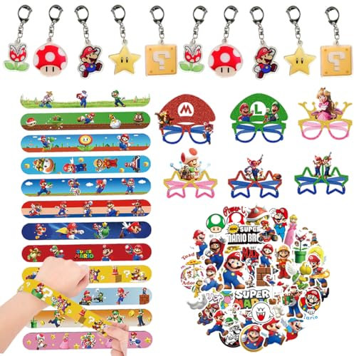 Hihting Ma-rio Party Deko Zubehör, Geburtstag Party Dekoration, Spielzeug mit Enthält MLA-Masken, Clap Armbänder, Schlüsselanhänger, Aufkleber