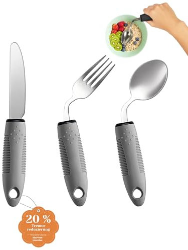 CuraVita Adaptive Utensils Set (3-Piece) – 42° Angled, 3 oz Weighted Silverware for Parkinson's, Hand Tremors and Arthritis – Easy-Grip Ergonomic Eating Aids (Left-Handed)