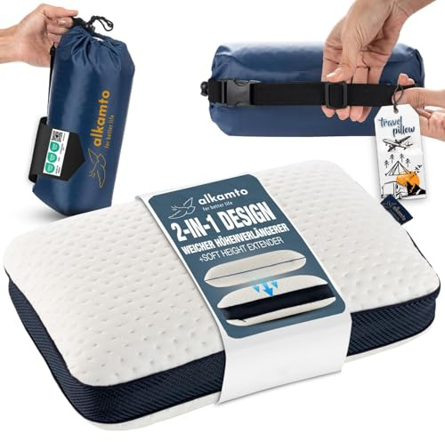alkamto Reisekissen + Extra Reise-Nackenkissen – Campingkissen – Ergonomisches Memory-Schaum-Kissen mit Temperaturregulierendem Bezug – Inklusive Reisetasche