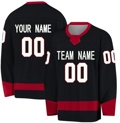 BOSSETY Personalisiertes Eishockey Trikot, Kinder/Erwachsene Eishockey Trikot, Personalisieren Sie es mit Ihrem Namen/Team/Ihrer Nummer, Komplette Größen und Farben (Schwarz)