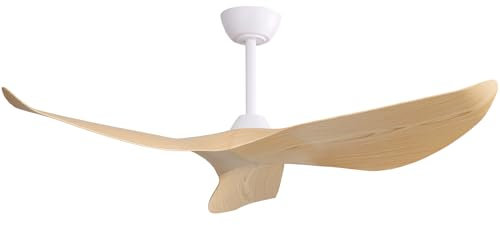 Pangshiyuan Ventilador de techo 52 sin luz, 3 aspas ABS madera clara, motor DC reversible, 6 velocidades, mando a distancia, blanco (132x132x30cm)
