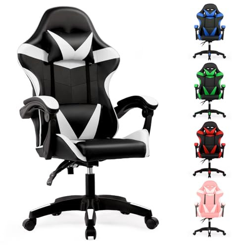 Lishetimig Gaming Chair, Computer Chair with Lumbar Cushion, Headrest, Height-Adjustable Ergonomic Gaming Chairs for Home, Office (White)
