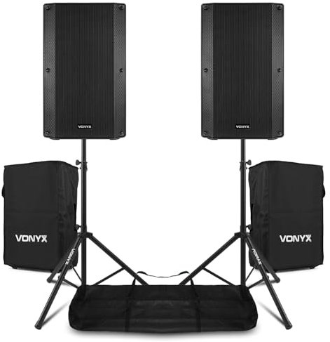 Vonyx VSA15 15-Inch Active PA Speaker Set with Tripod Stands & Protective Nylon Covers - 2000W Bi-Amplified DJ Sound System Kit with EQ Controls