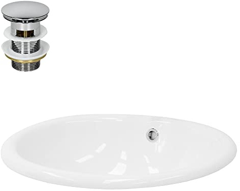 LuxeBath Waschbecken aus Keramik Weiß glänzend 490x405x195 mm oval mit Ablaufgarnitur Silber, Einbauwaschbecken mit Überlauf, Aufsatzwaschbecken Einbauwaschtisch Waschschale Waschplatz Handwaschbecken