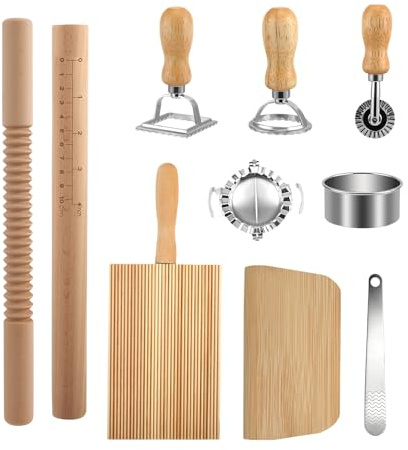 Delousiber 10 Pcs Pasta Maker Set - Wooden Ravioli Cutters, Dumpling Maker, Gnocchi Board, Scale Rolling Pin & Dough Scraper - Italian Pasta Making Kit for Home Kitchen, DIY Gift