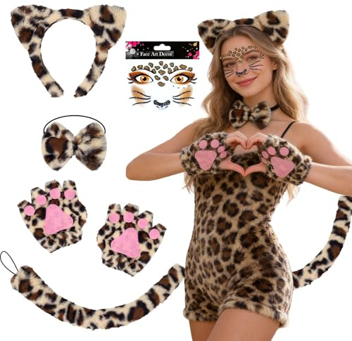 YAEGIMHT Leoparden Kostüm Damen, Karneval-Leopard Kostüme mit Leoparden Ohren Haarreif leopard Schwanz Fliege Tattoo Handschuhe Tier Kostüm Damen für Fasching Karneval Halloween Cosplay Mottoparty