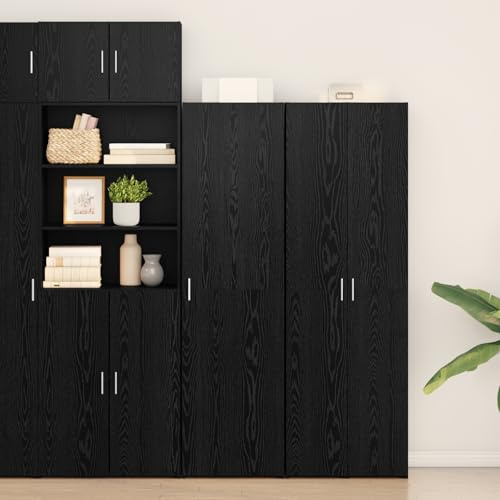 Highboard in Schwarz-Eiche 50x42.5x185 cm mit fünf Regalen und Schrank für ESS- und Wohnbereich, modernes Design mit robustem Holzaufbau und elegantem Stauraum