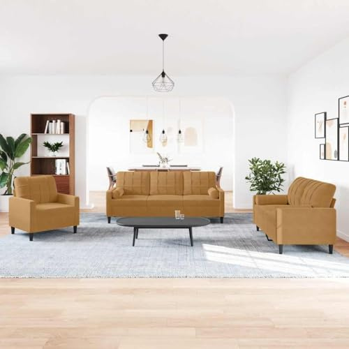 GeenYuu 3-TLG. Sofagarnitur, Braun Samt, Metallgestell, mit Kissen und Nackenrollen, 1 Sessel, 1 Zweisitzer, 1 Dreisitzer, für Wohnzimmer, Schlafzimmer, Lounge