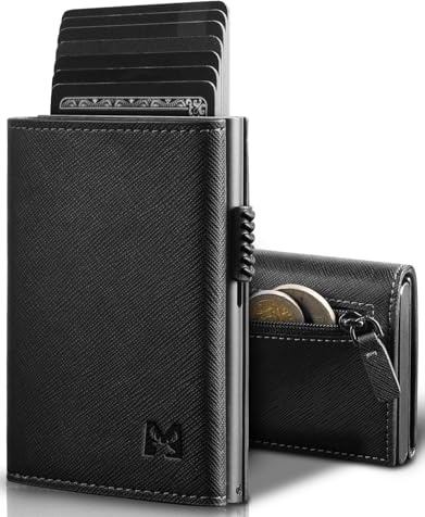 MYSHION Pop Up Wallet for Men with Coin Pocket, Trifold Wallets with ID Window, Smart RFID Blocking Card Holder with 6 Slot for Up to 11 Cards (Crosshatch Black)