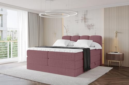 ALTDECOR Boxspringbett mit Matratze und Lattenrost, Topper, Polsterbett mit Bettkasten, Bett mit Stauraum H3- und H4- Matratze, Doppelbett, Springboxbett - NINA King - 140x200 Altrosa Aragon