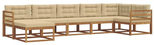 vidaXL Outdoor-Sofagarnitur mit Kissen 7 pcs Natur und Beige, Modernes Akazienholz Outdoor-Sofaset, langlebige Gartenmöbel, Flexible Anordnung für die Terrasse, Bequeme Lounge im Hinterhof