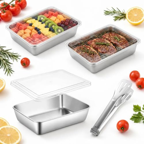 3 Pcs Stainless Steel Baking Trays Set, 25x20x5cm Deep Baking Sheet Pan, Rectangle Cake Tin Cooking Tray, Roasting & Food Storage, with Lids & 7 Food Tongs, for Fried Foods, Vegetables, Fruit, Bread