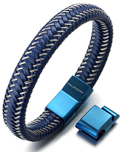 HALUKAKAH Plus ● Jazz ● Men's Genuine Leather Bracelet Titanium Magnetic Clasp Size Adjustable 8-8.5(20.5-21.5cm) with Free Giftbox(Blue)