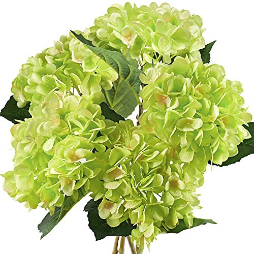 FiveSeasonStuff 5 Stems Silk Artificial Hydrangea Flowers, ‘’Life-Size’’ Green Bouquet, Floral Arrangement, Floral Arrangement Decoration 47cm