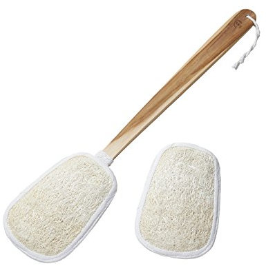 FAAY 17 Inch Natural Exfoliating Loofah Back Scrubber On a Stick with Luffa Sponge Pads Refills – Long Handle Loofa Body Bath & Shower Brush for Men & Women