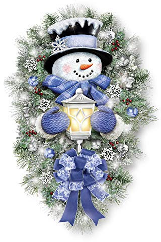 The Bradford Exchange ‘A Warm Winter Welcome’ Illuminated Snowman Wreath- Licensed Thomas Kinkade Christmas Illuminated Door Wreath With Snowmen.
