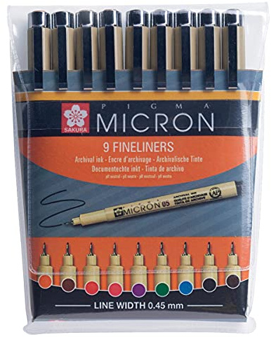 Unbekannt Lot de 9 feutres Sakura Pigma Micron Pointes Fines (Coloris assortis), Schwarz