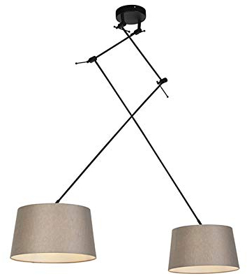 QAZQA - Landhaus I Vintage I Rustikal Hängelampe I Pendellampe I Pendelleuchte mit Leinenschirmen taupe 35 cm - Blitz II schwarzI 2-flammig I Wohnzimmer I Schlafzimmer - Leinen Zylinder I Länglich I R