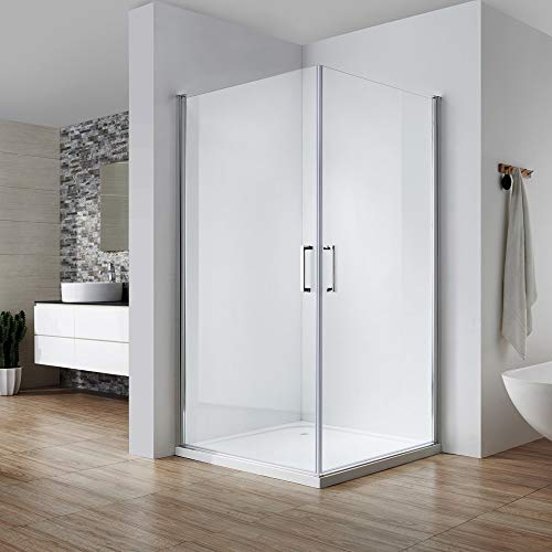 Pendeltür Duschkabine 75x75cm, Doppel Drehtür, Eckdusche mit zwei Drehteilen, Höhe 195cm, öffnet sich nach innen und außen um 180 °, Echtglas, 6mm Nano Glas, Ohne Duschwanne.