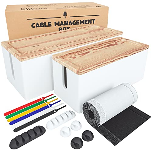 Nature Supplies Set mit 2 Kabelboxen aus Kiefernholz - 1 Klein Kabelbox als Schreibtisch-Organizer, 1 Große Box für den Boden für Kabelorganisation (Weiß)