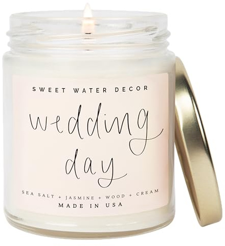 Sweet Water Decor Wedding Candle - Sea Salt, Jasmine, Cream, and Wood Scented Soy Wax Candle for Home - Engagement and Wedding Gifts for Women - 9oz Clear Jar, 40 Hour Burn Time, Made in the USA