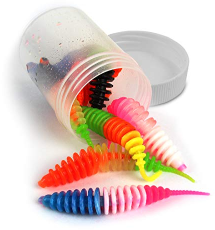 Feinripp Wurm Kunstköder für Forelle und Barsch aus Weichgummi mit Lamellen, Größen und Aromastoffe erhältlich, schwimmend, Farbe :Farbmix 4 (Knoblauch), Länge:65 mm