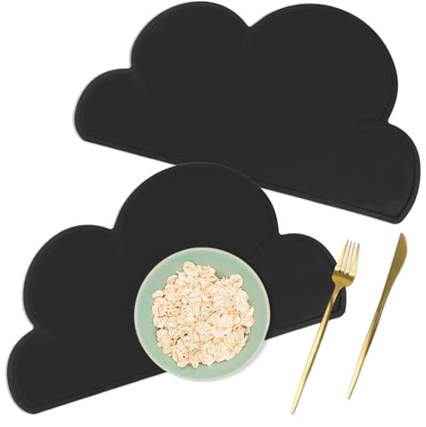 Agatige Lot de 2 Set de Table en Silicone pour Enfants, Antidérapant Lavable Imperméable à l'eau Belle Forme de Nuage Tapis de Table à la Chaleur Vaisselle Napperon Plaque (Noir)