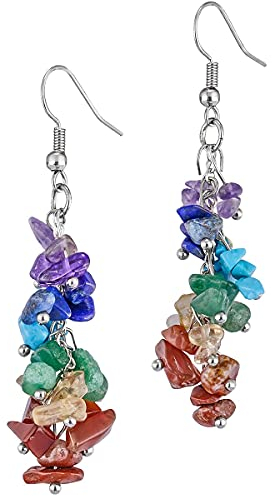 KYEYGWO 7 Chakren Stein Heilung Kristall Ohrringe für Damen, Stein Baumeln Haken Ohrrings Trommelsteine Ohrhänger Quarz Edelstein Ohrschmuck Stilvoll Scmuck für Frauen