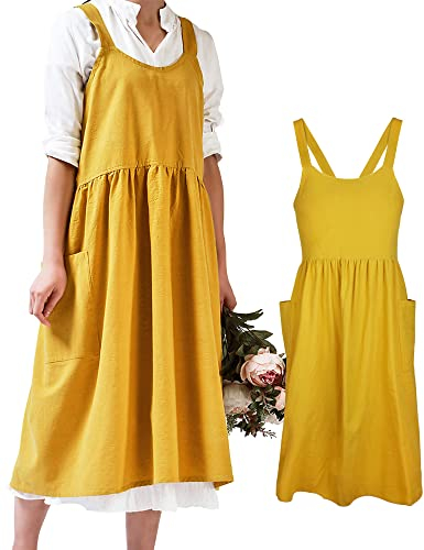 Small snail Schürzen Damen Weich Baumwolle Küche Kochen Schürze mit Taschen Japanischer Stil Kreuz Zurück Kochschürze Literatur Kunst Baggy Casual Latzschürze für Gartenarbeit Blumenladen Gelb