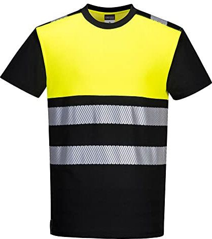 Portwest PW311 Men's PW3 Hi-Vis Reflective Cotton Comfort Class 1 Short Sleeve Safety T-Shirt Black/Yellow, XL