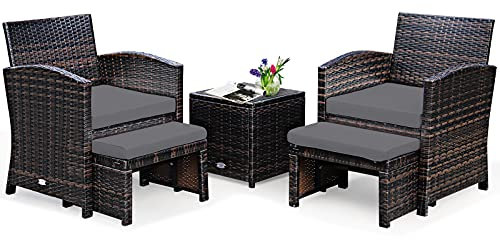 COSTWAY Conjunto de Muebles de Jardín de Ratan, 5 Piezas, Set Conversación de Exterior con Silla y Otomana y Mesa Baja en Vidrio Templado, Cojines, Jardín Patio Piscina (café)