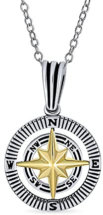 Bling Jewelry Unisexe Explorer Voyage Viking Disque Médaillon Inspirational North Star Rose Boussole Pendentif Collier Pour Hommes Pour Femmes Plaqué Deux Tons Argent Sterling 925 Avec Chaîne