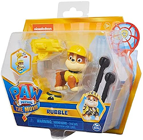 Paw Patrol, Movie Collectible Rubble Action Figure with Clip-on Backpack and 2 Projectiles, Kids' Toys for Ages 3 and up