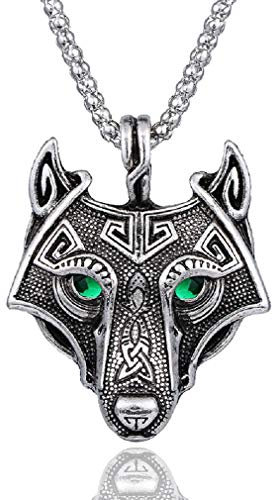 PikaLF Nordische Wikinger Wolf Halskette für Männer, Green Eye Wolf Kopf Anhänger Halskette mit 23,6 Kette, Retro Wolf Totem Halskette, Vintage Wolf Siegel Amulett Halskette