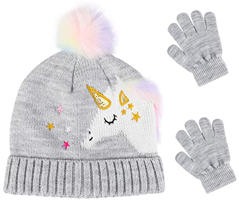 QKURT Kinder Strickmütze Handschuhe Set - Winter Warm Beanie Mit Thermisch Gefütterten Mützenfäustlingen, Einhorn-Muster für 3 Bis 5 Jahre Alte Kinder